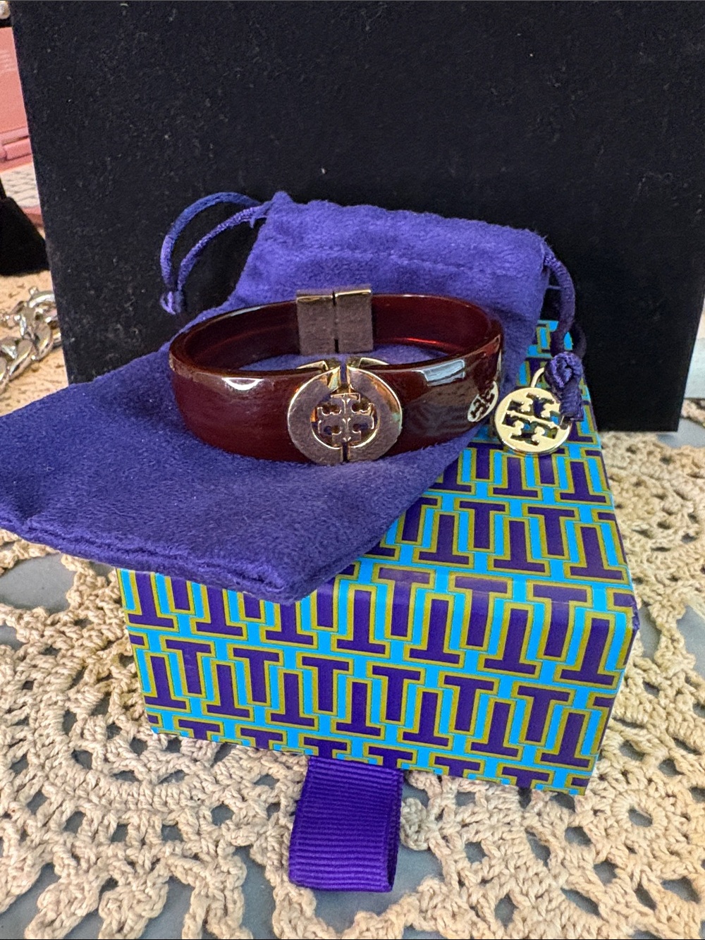 Tory Burch Dark Brown Resin Bangle with Gold Logo